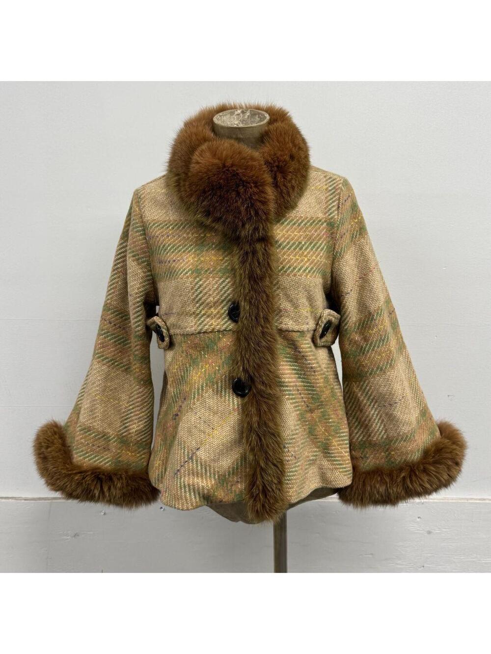Vintage Pastel Plaid Wool Bell Sleeve Tweed Mod Swing Jacket Fox Fur Trim